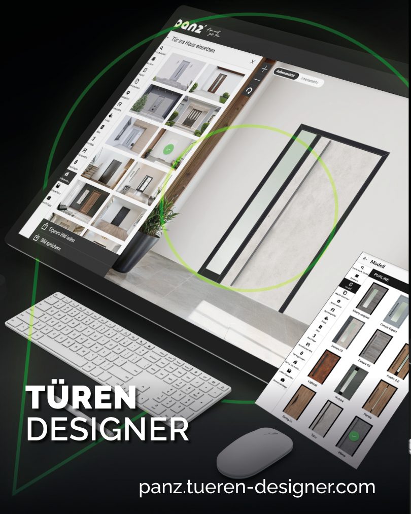 Türenkonfigurator Ansicht auf einem Tablet. Abgebildet ist eine graue Tür mit schwarzem Rahmen