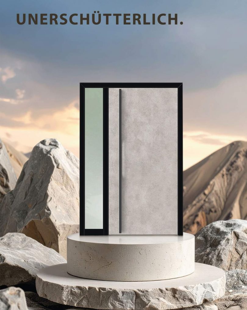 Eine betongraue Tür mit schwarzen Applikationen, umgeben von einer Felslandschaft in abendlichem Licht