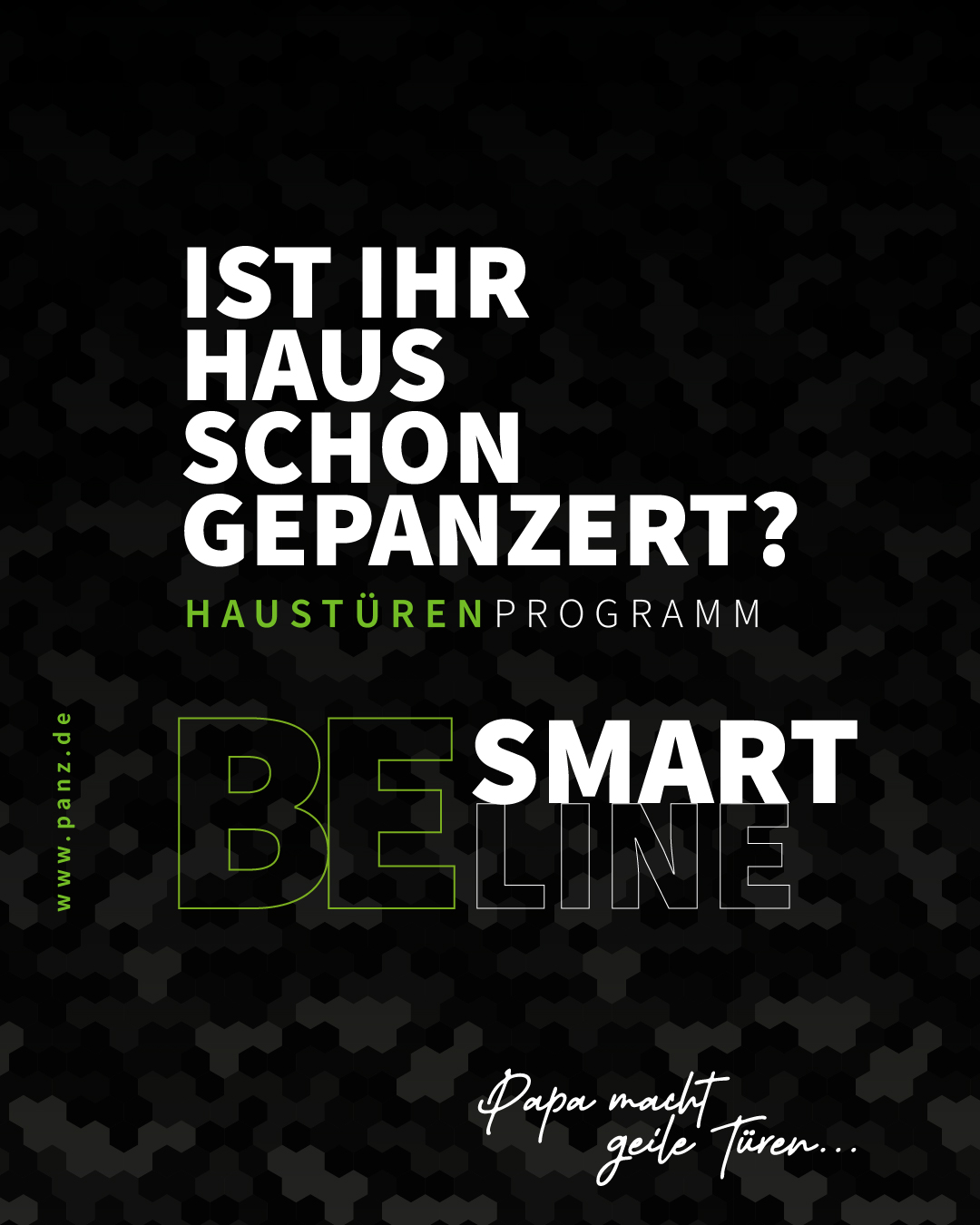 dunkles Bild mit weißer Aufschrift "Ist Ihr haus schon gepanzert?" Dazu grüne Elemente und in Großbuchsaen die Aufschrift "BE SMARTLINE"