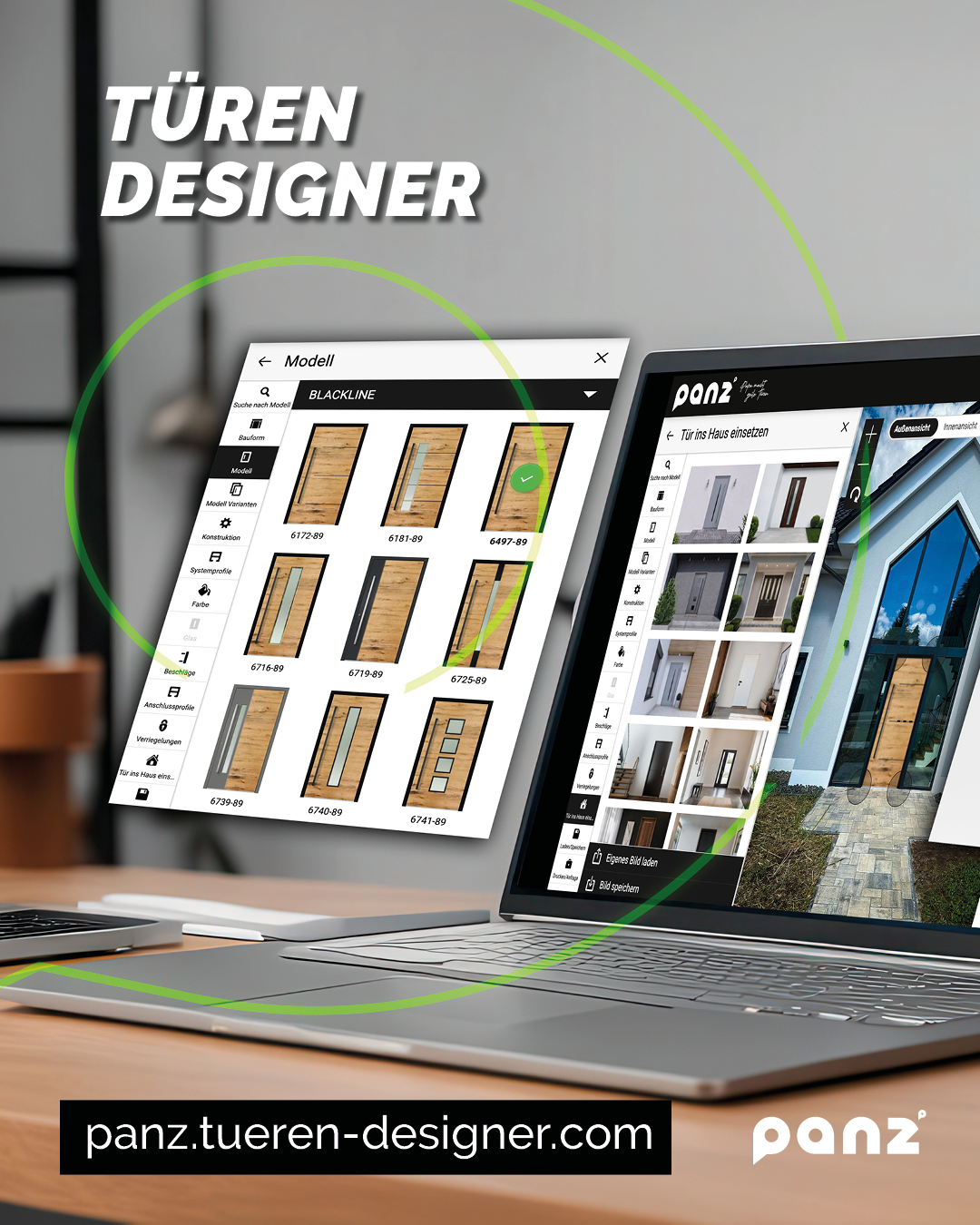 Unser Türendesigner ist auf einem Laptop-Bildschirm geöffnet, es werden verschiedene Türen in heller Holzoptik zur Auswahl angezeigt.