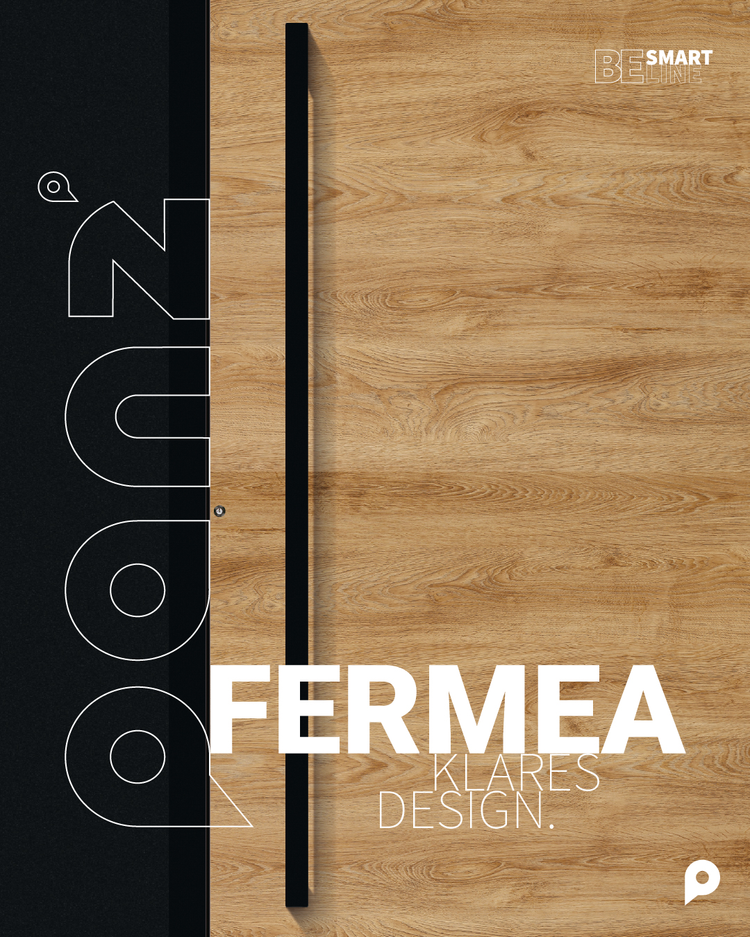 Eingangstür Modell FERMEA mit Holz-Optik und langem schwarzen Stoßgriff, KLARES DESIGN aus der SMART LINE Reihe.