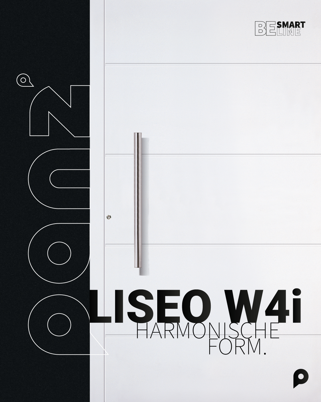 Moderne weiße Eingangstür LISEO W4i mit schlankem silbernen Stoßgriff, HARMONISCHE FORM aus der SMART LINE Reihe.