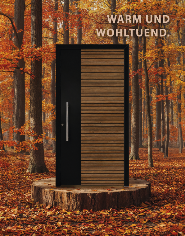 Schwarz-braune Tür au der Art Decor Linie inmitten von Laub