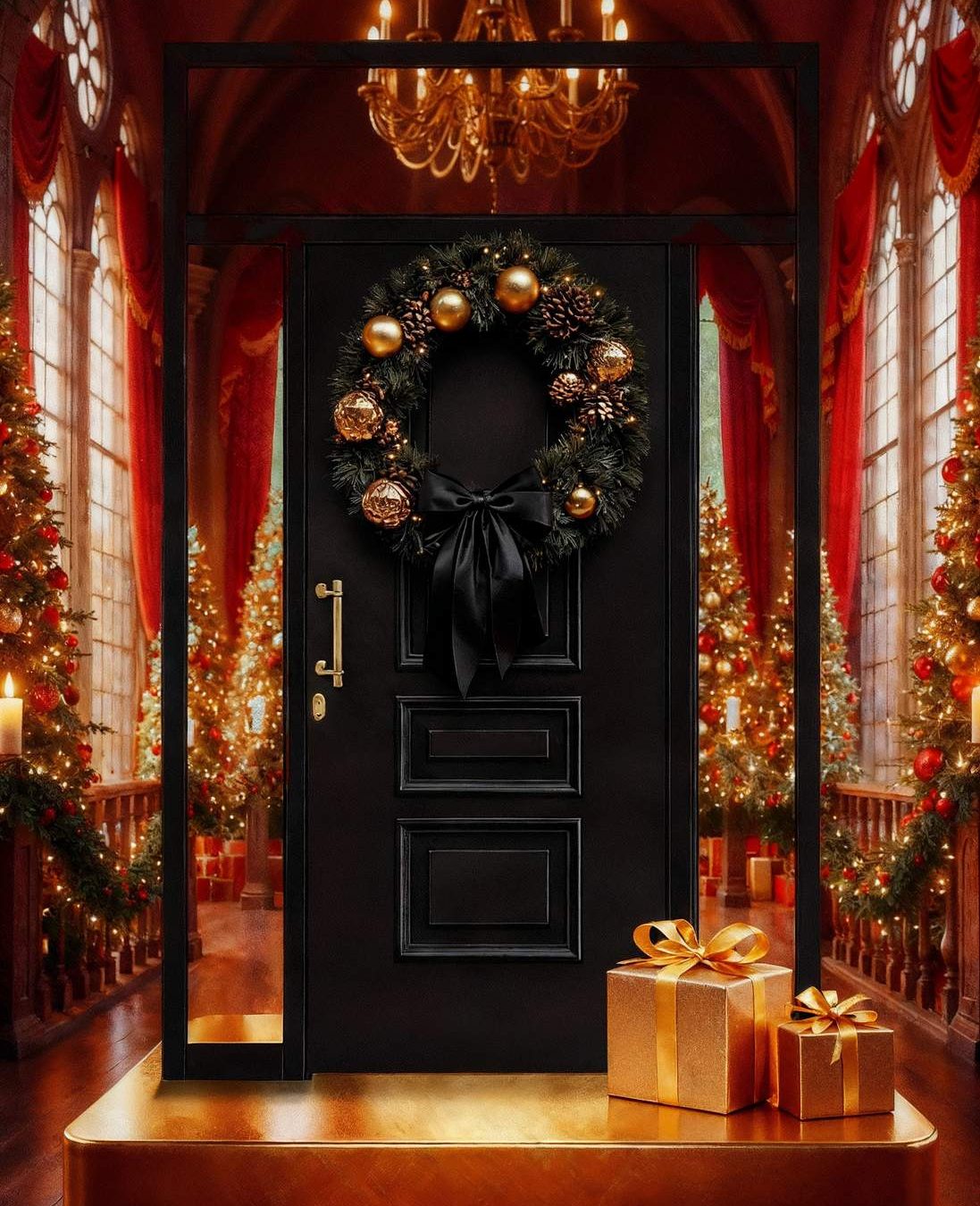 ine elegante schwarze Eingangstür, geschmückt mit einem klassischen Weihnachtskranz aus Tannenzweigen, goldenen Kugeln und einer schwarzen Schleife. Vor der Tür auf einer goldenen Stufe stehen zwei edle goldene Geschenke mit Satinschleifen. Im Hintergrund ist ein prachtvoll weihnachtlich dekorierter Saal mit Kronleuchter, beleuchteten Tannenbäumen und roten Vorhängen in einer warmen, festlichen Atmosphäre zu sehen.