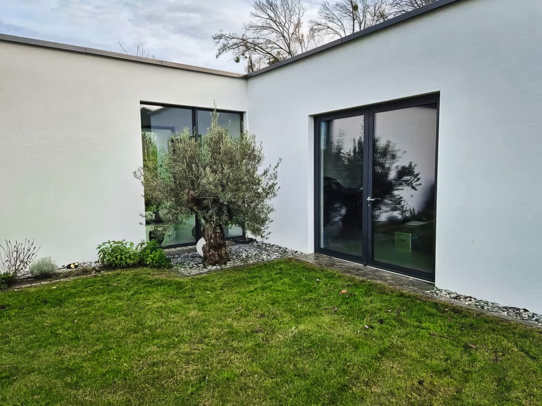 Minimalistischer Innenhof mit anthrazitfarbenen Terrassentüren, weißer Putzfassade und einem Olivenbaum als Akzent.