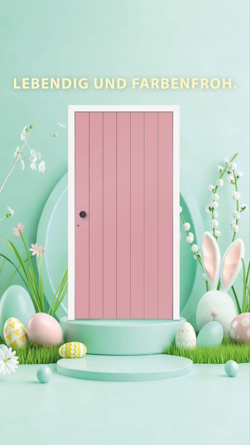 Eine grafische Oster-Illustration in pastellfarbenem Design. Im Zentrum steht eine altrosa Holztür mit weißem Rahmen auf einem hellgrünen Podest. Die Szene ist mit Ostereiern, Frühlingsblumen und einem flauschigen Osterhasen dekoriert. Der Hintergrund ist in sanftem Mintgrün gehalten, darüber steht in gelben Großbuchstaben der Schriftzug: „LEBENDIG UND FARBENFROH.“