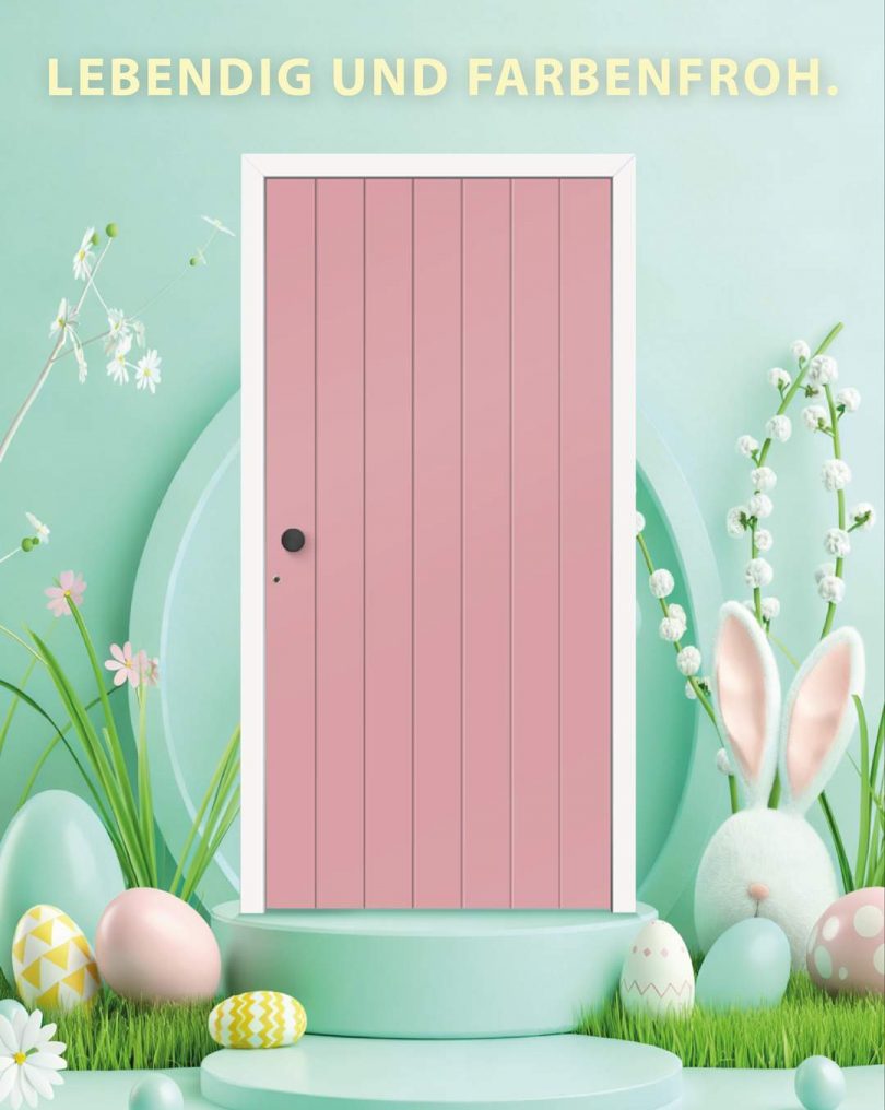 Eine grafische Oster-Illustration in pastellfarbenem Design. Im Zentrum steht eine altrosa Holztür mit weißem Rahmen auf einem hellgrünen Podest. Die Szene ist mit Ostereiern, Frühlingsblumen und einem flauschigen Osterhasen dekoriert. Der Hintergrund ist in sanftem Mintgrün gehalten, darüber steht in gelben Großbuchstaben der Schriftzug: „LEBENDIG UND FARBENFROH.“