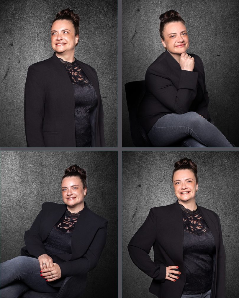4 verschiedene Portraits von Rebecca Panz in dunkler Kleidung vor einem dunklen Hintergrund