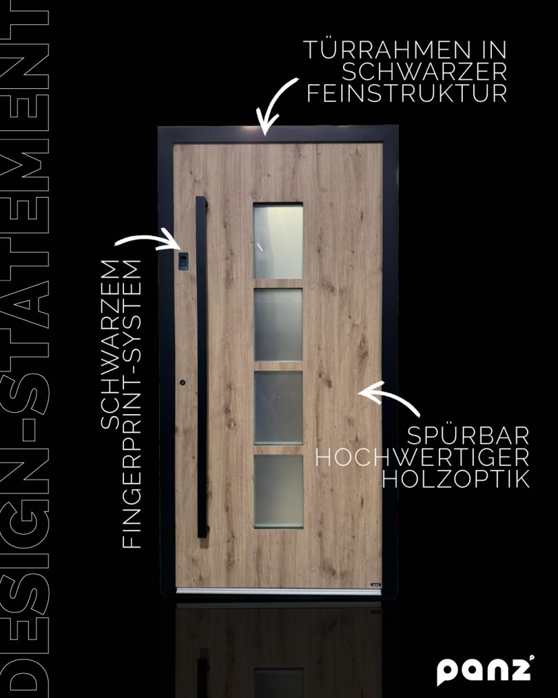 Design Statement: eine moderne Holztür auf schwarzem Hintergrund, bezeichnet mit ihren Eigenschaften. Schwarzes Fingerprint-System, Türrahmen in Schwarzer Feinstruktur und Spürbar hochwertige Holzoptik