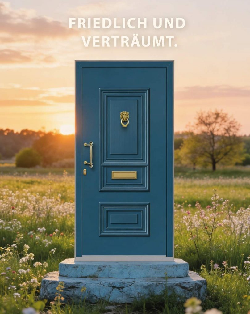 Modell aus unserer Classic Line Serie in Azurblau (RAL 5009), vor einer sonnigen Bumenwiese