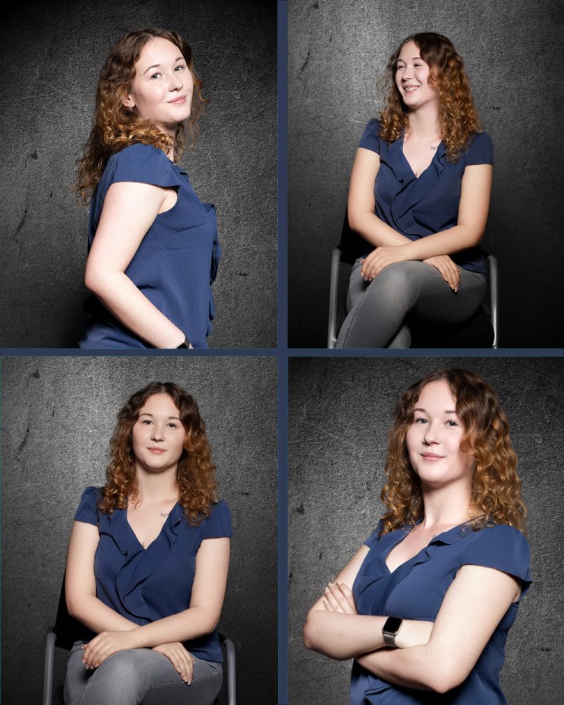 4 verschiedene Portraits von Mitarbeiterin Hilde in dunkler Kleidung vor einem dunklen Hintergrund