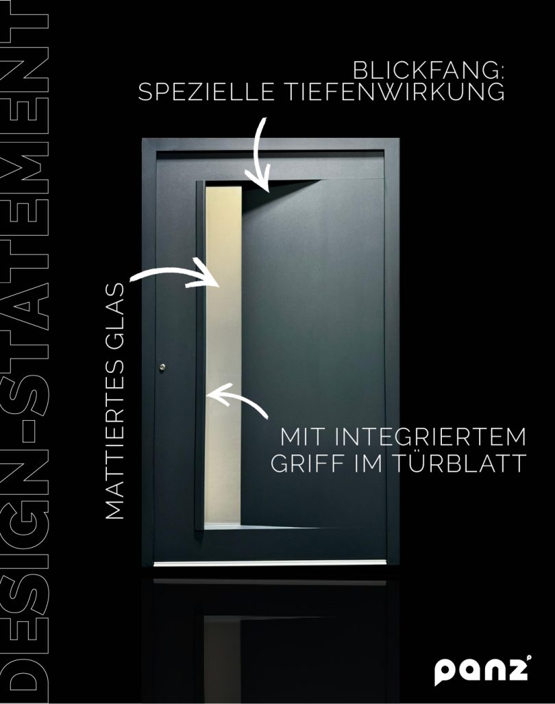 Moderne, anthrazitfarbene Haustür von Panz mit mattiertem Glaseinsatz, integrierter Griffmulde im Türblatt und dreidimensionaler Tiefenwirkung.