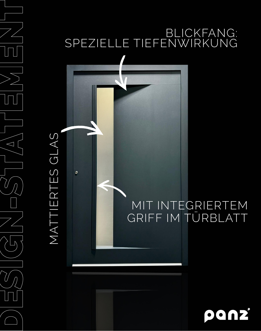 Moderne, anthrazitfarbene Haustür von Panz mit mattiertem Glaseinsatz, integrierter Griffmulde im Türblatt und dreidimensionaler Tiefenwirkung.