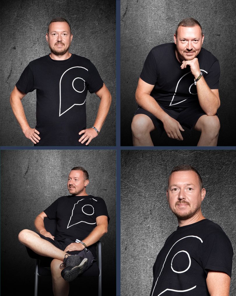 4 verschiedene Portraits von Produktionsleiter Ralf in dunkler Kleidung vor einem dunklen Hintergrund