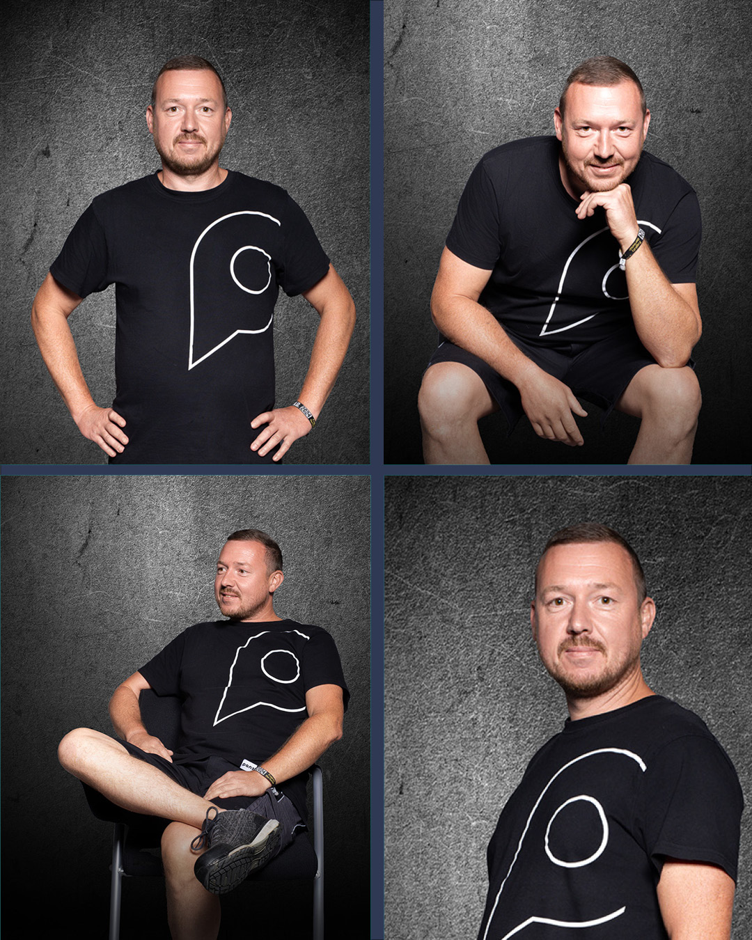 4 verschiedene Portraits von Produktionsleiter Ralf in dunkler Kleidung vor einem dunklen Hintergrund