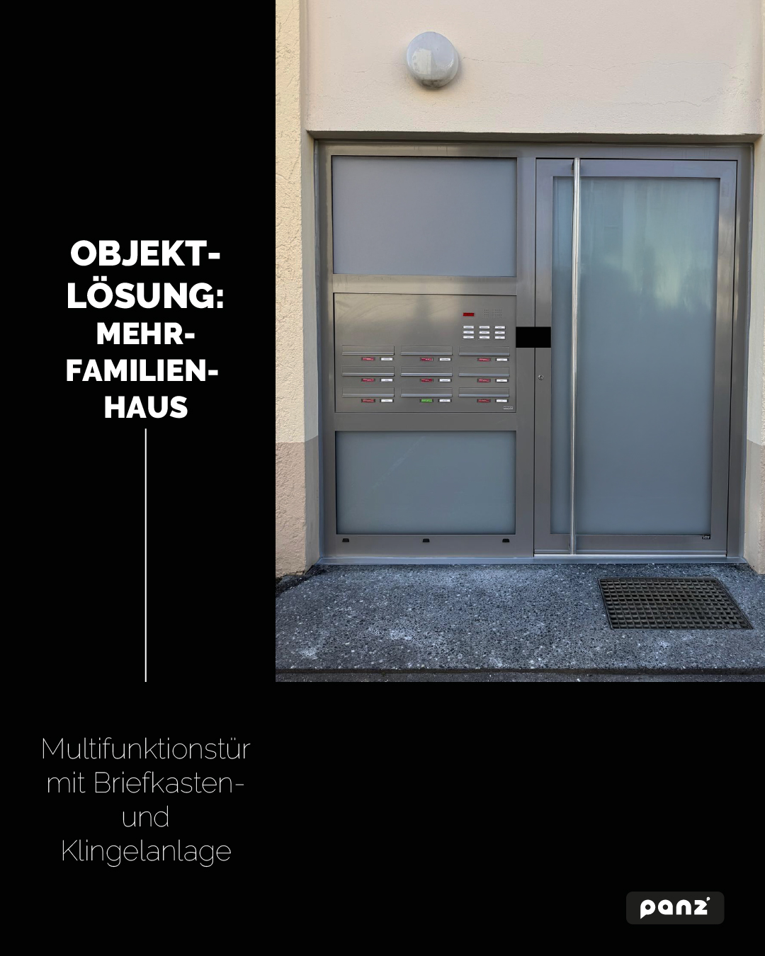 Moderne Hauseingangstür aus Aluminium für ein Mehrfamilienhaus mit mattiertem Glas, durchgehendem Stoßgriff sowie einer integrierten Briefkasten- und Klingelanlage von Panz Aluminiumtechnik.