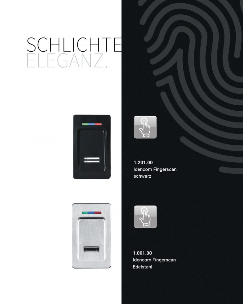 Idencom BioKey Fingerscanner für SMARTLINE-Türen von Panz Aluminiumtechnik – Ansicht der Modellvarianten in Schwarzstahl-Optik (1.201.00) und Edelstahl-Optik (1.001.00) mit Status-LEDs.