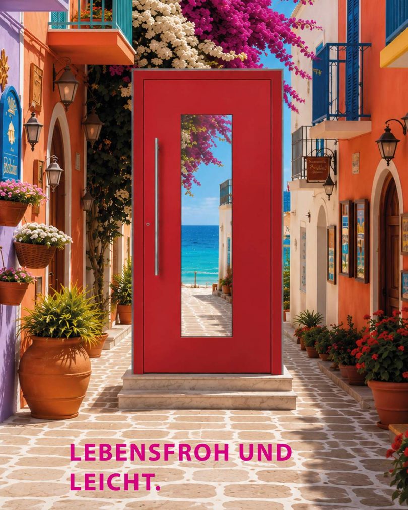 Modernes Eingangsportal in Tiefschwarz-Metallic mit flächenbündigen Flügeln von Panz