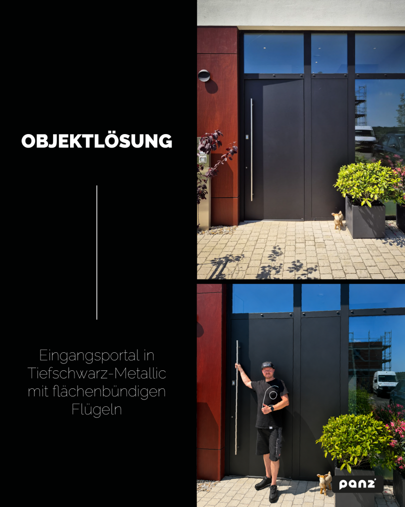 Modernes Eingangsportal in Tiefschwarz-Metallic mit flächenbündigen Flügeln von Panz