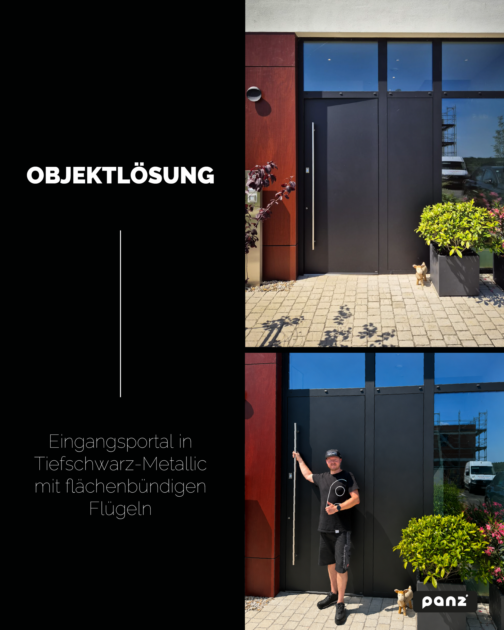 Modernes Eingangsportal in Tiefschwarz-Metallic mit flächenbündigen Flügeln von Panz