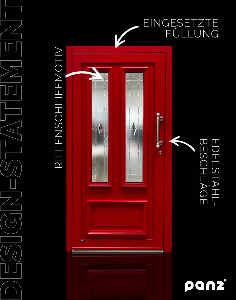Werbegrafik einer leuchtend roten Haustür der Marke panz mit zwei schmalen Glaseinsätzen, Edelstahlgriff und Detail-Beschriftungen zum Design.