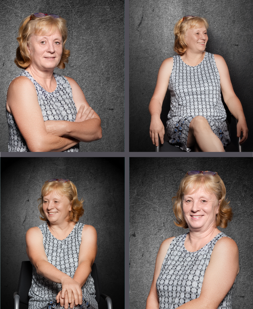4 verschiedene Portraits von Kalkulationsmitarbeiterinn Katrin in heller Kleidung vor einem dunklen Hintergrund