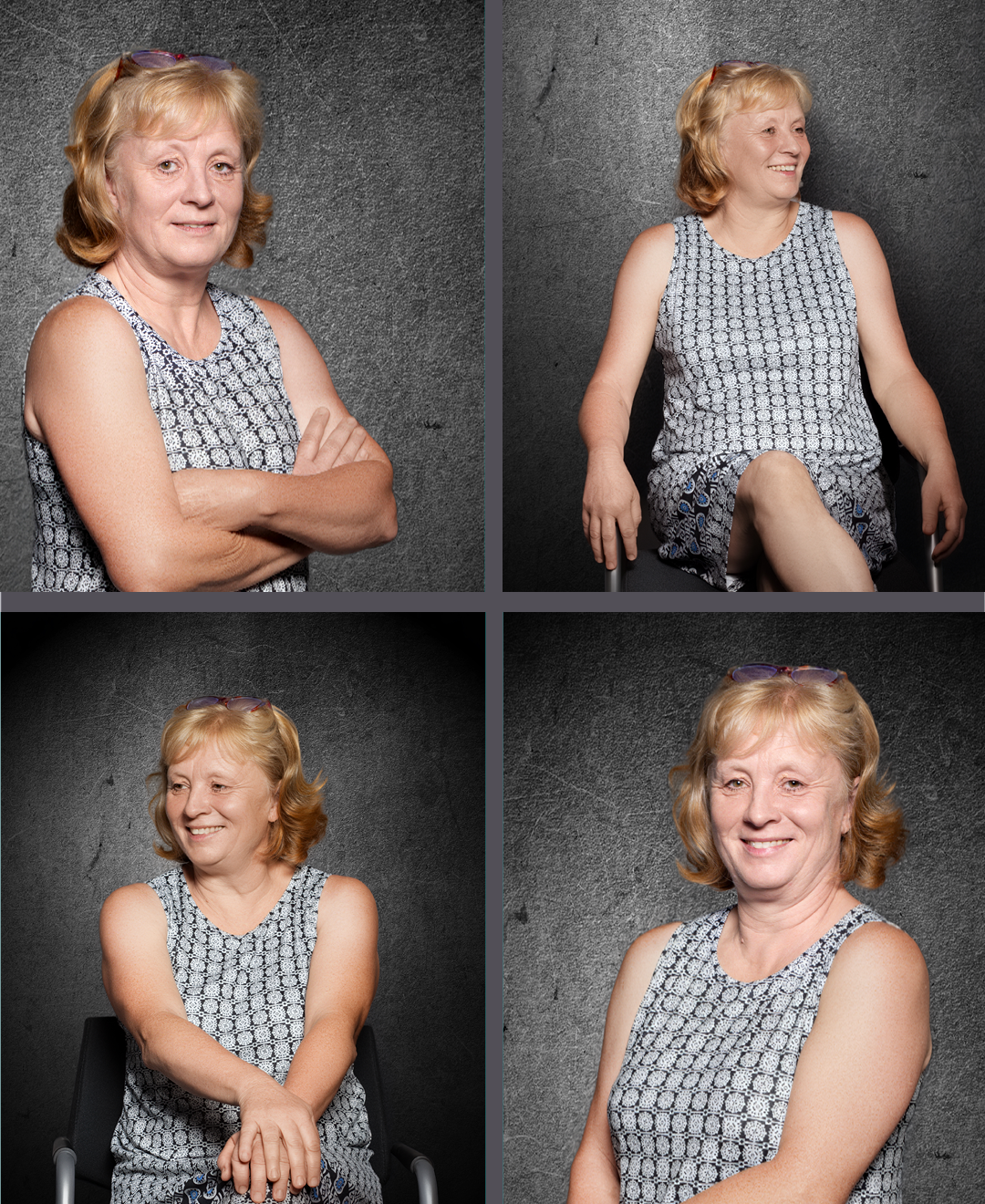 4 verschiedene Portraits von Kalkulationsmitarbeiterinn Katrin in heller Kleidung vor einem dunklen Hintergrund